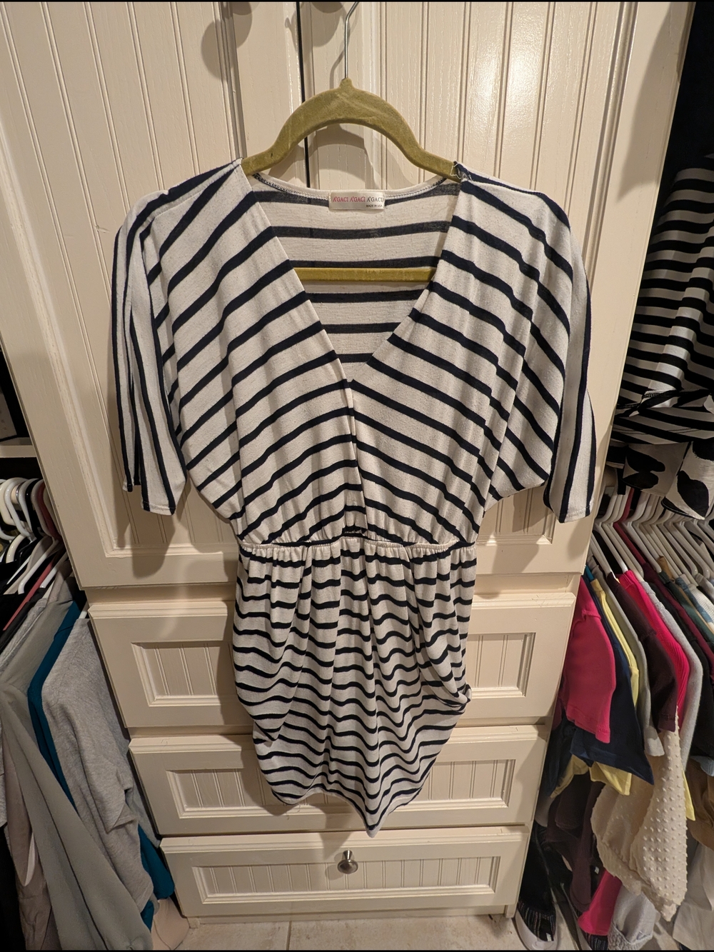 a'gaci Navy & White Striped Top with Olive Accent